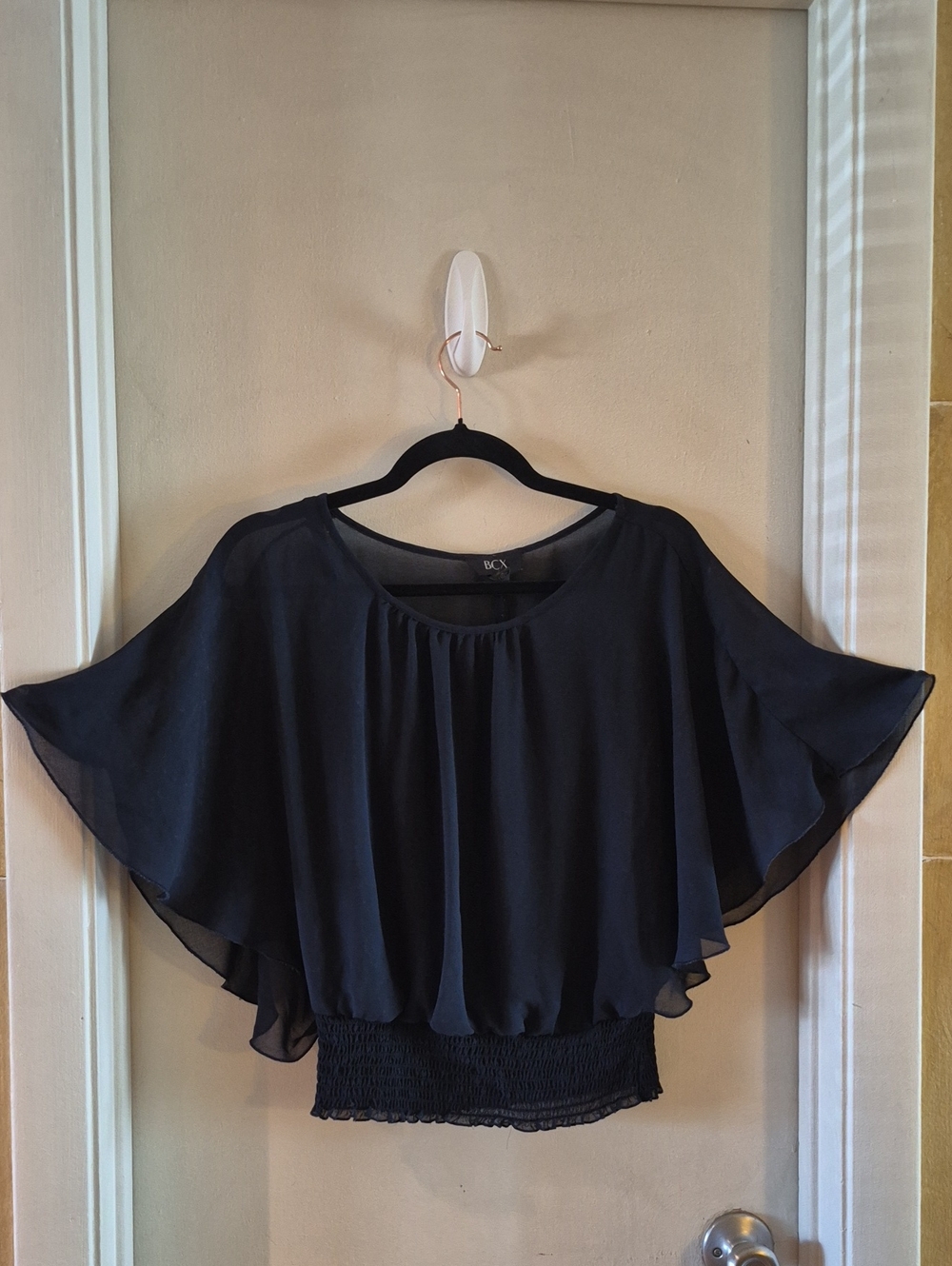 BCX Navy Blue Batwing Smocked-Hem Blouse